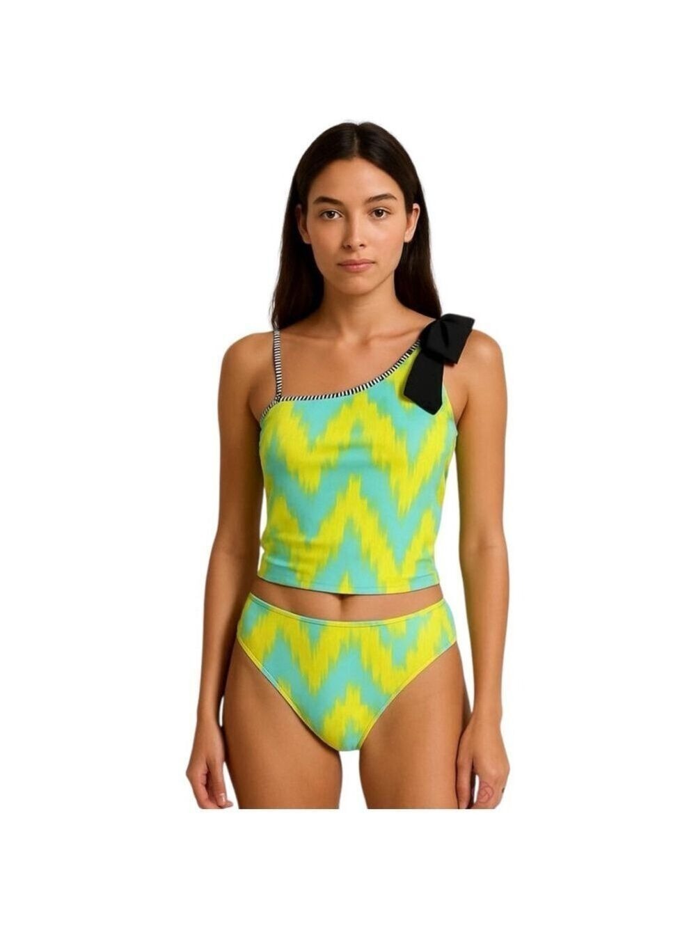 Bow Two Piece Swimsuit Women’s Size Medium One Shoulder with Black Bow Lime